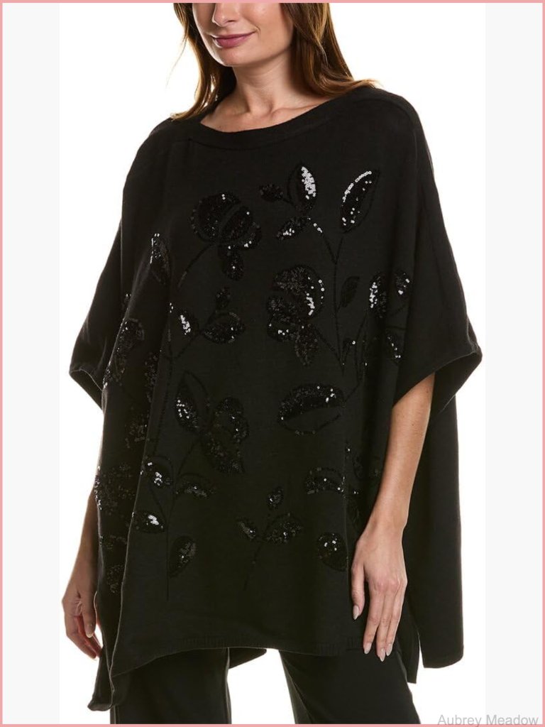 Floral Sequin Poncho Women's Lightweight Knit Sweater